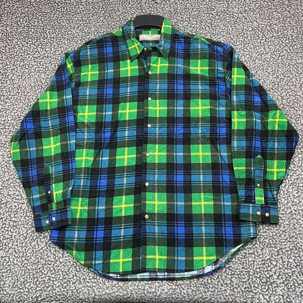 Vintage ME Sport Button Up Shirt Men Large Plaid Flannel Long Sleeve Cotton L
